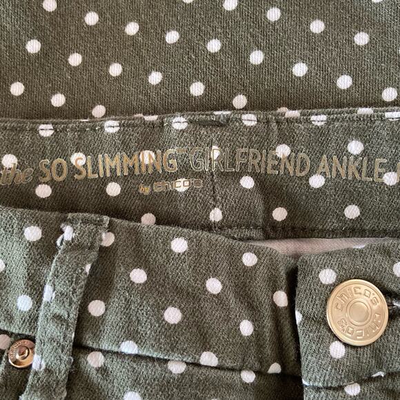 Chico's So Slimming Girlfriend Ankle Jean Size 2 Moss Green w/ White Polka Dots - Picture 10 of 11